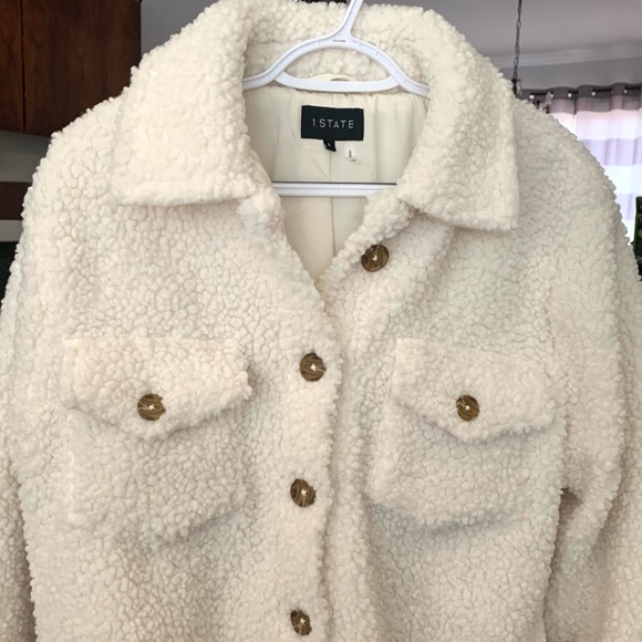 1. State Ivory Sherpa Button Front Shacket, Size Large - Picture 3 of 9